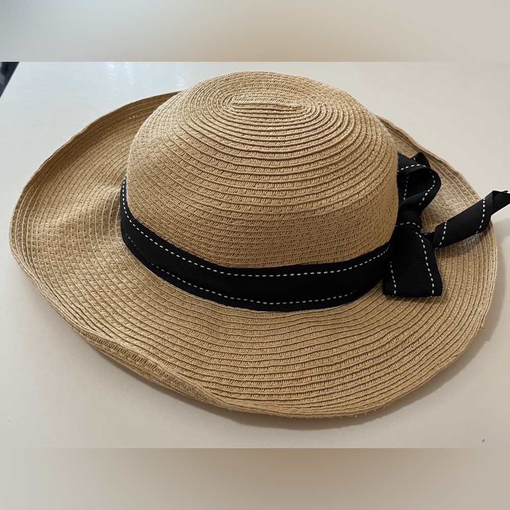 Cov-ver Women’s OS Tan Hat Natural Fiber Wide Brim Wrapped Band Bow Black Summer